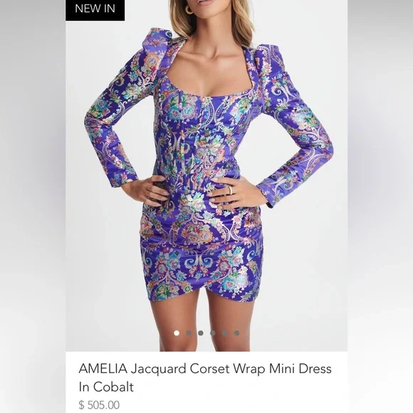 Lavish Alice: Jacquard Corset Embroidered Chinese Cobalt Wrap Mini Dress - Picture 5 of 13